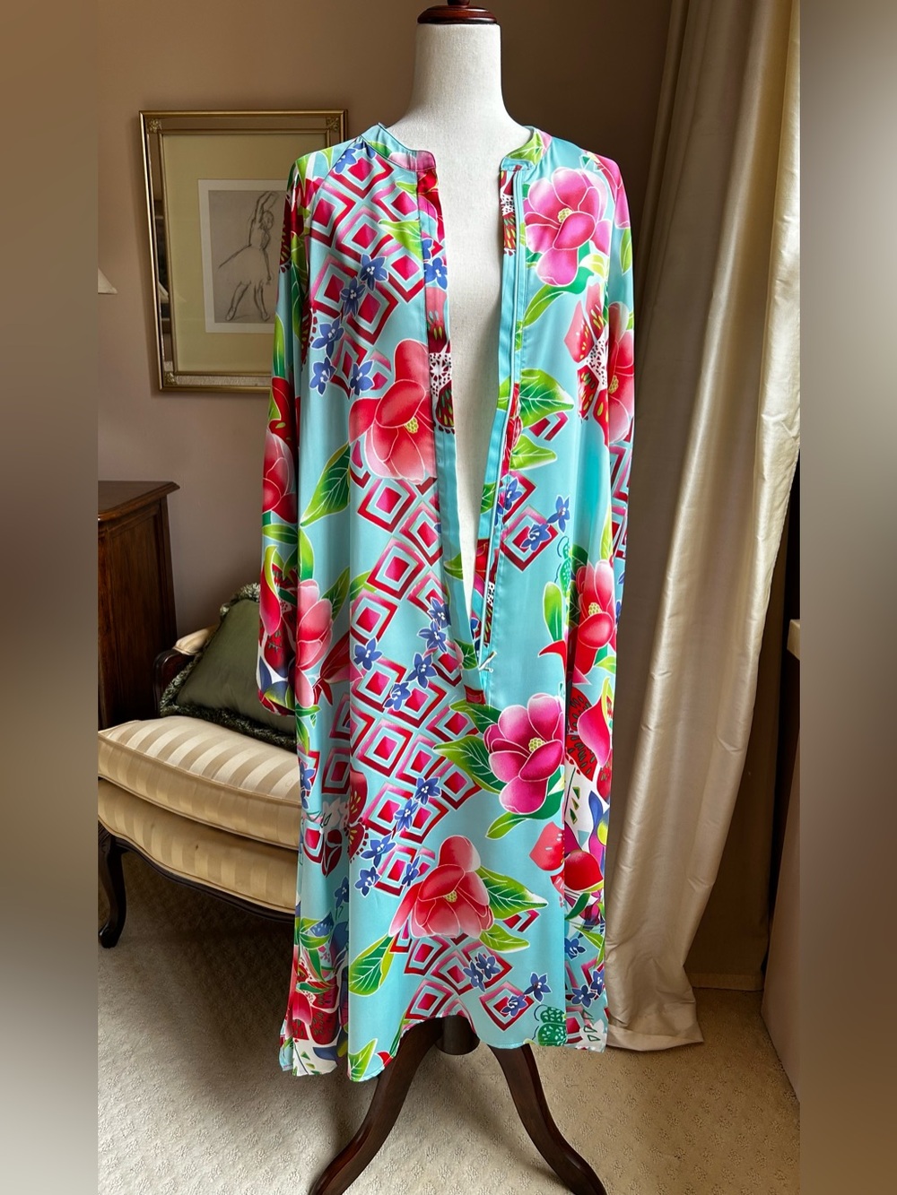 Natori Satin Hibiscus Print Caftan Size L